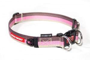 EzyDog Double Up Dog Collar. pink and brown striped dog collar with two D rings