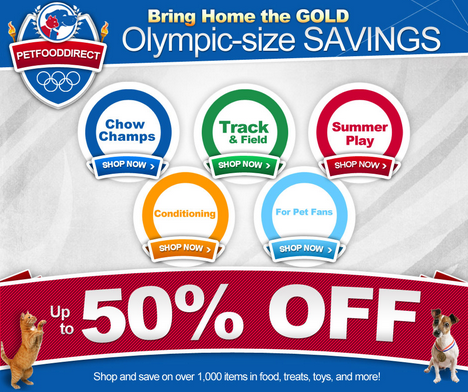 celebrating the olympics with up to 50% Off pet supplies banner