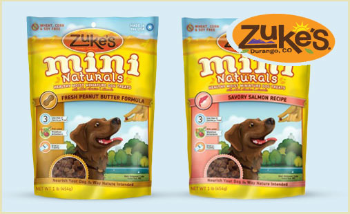 bag of Zukes Mini Naturals dog treats in peanut butter flavor and bag of zukes mini naturals dog treats in salmon flavor
