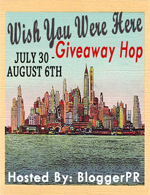 postcard with NYC skyline image, Wish You Were Here Giveaway Hop Event