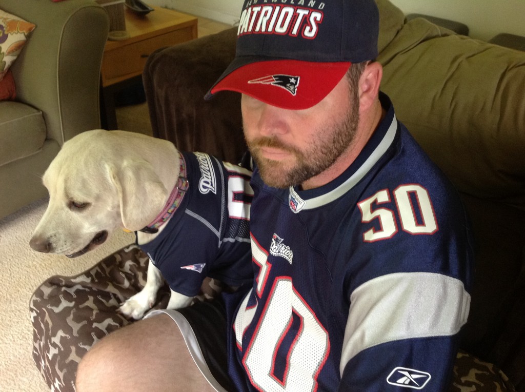 Daisy in her Patriots Jersey, watching preseason Patriots game, dog football jersey