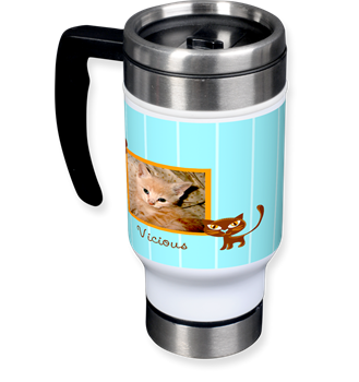 silver travel mug, cat, cute kitty photo, custom mug
