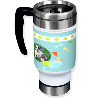 travel mug, silver travel mug, dog design mug