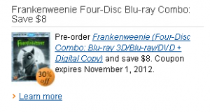 Frankenweenie coupon blu ray dvd
