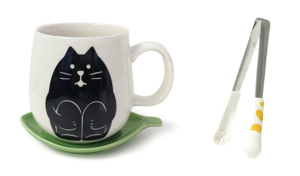 cat tongs and mug