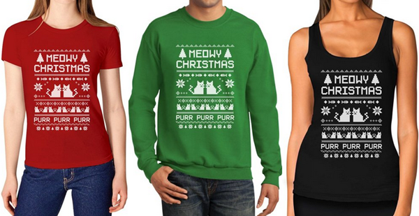 red green and black meowy christmas ugly christmas sweaters and shirts