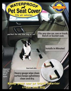 waterproof car seat cover fits any vehicle and has slots for seatbelts, cute little dog in car