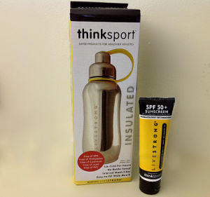 thinksport water bottle and sunscreen